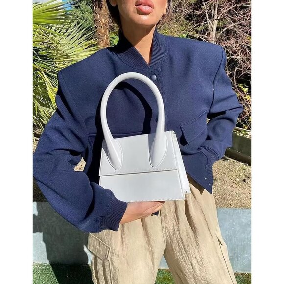 Women Dark blue Cropped Bomber Jacket Button Down Varsity Shacket with Pockets - Picture 2 of 5